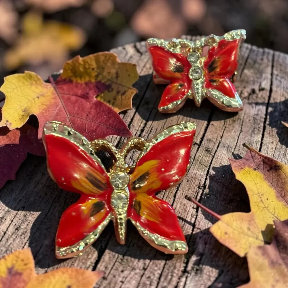 Vintage Red Enamel Butterfly Brooch Set Rhinestone Gold Tone Mother Daughter